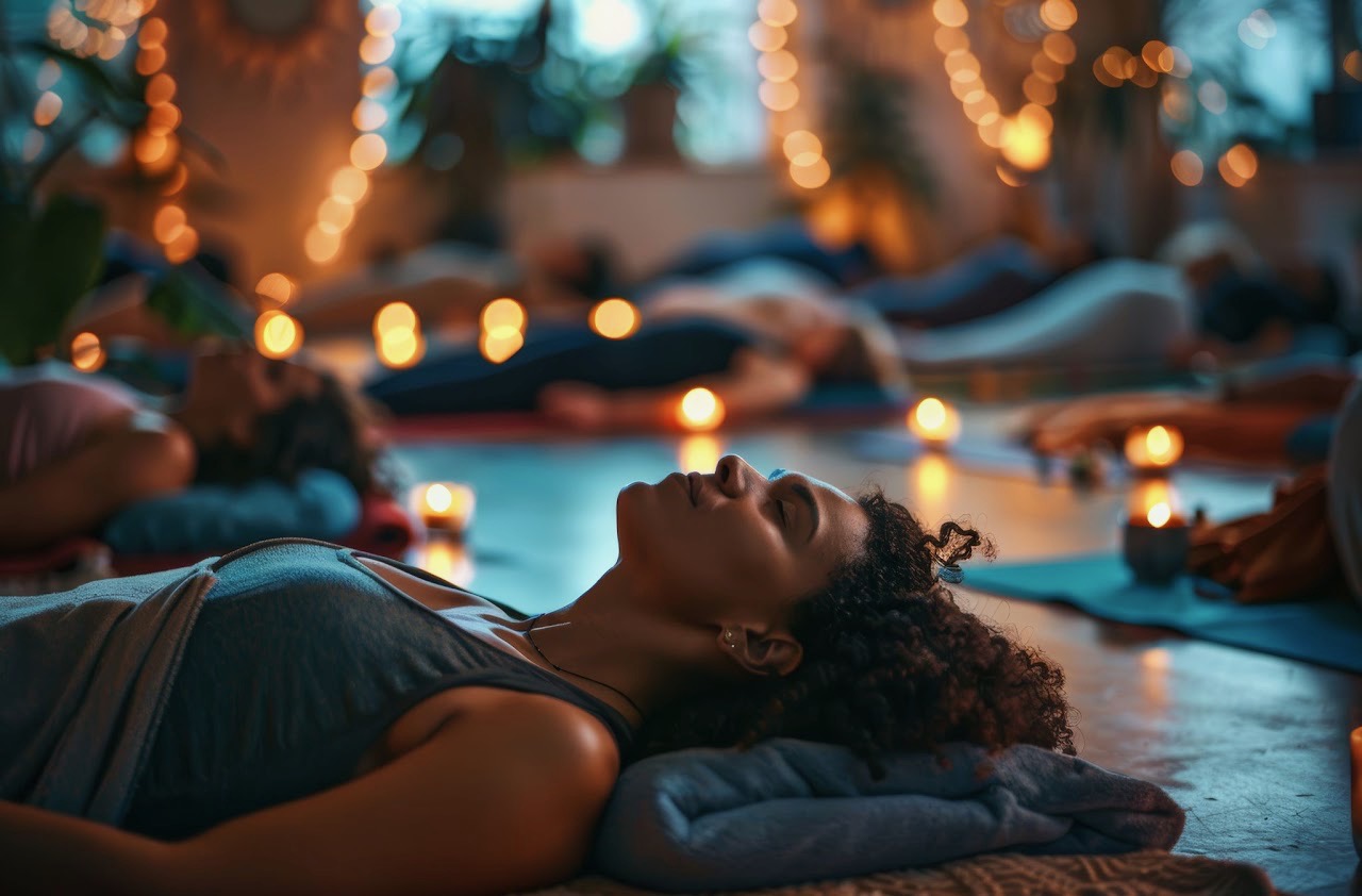 Peaceful meditation session with candlelight