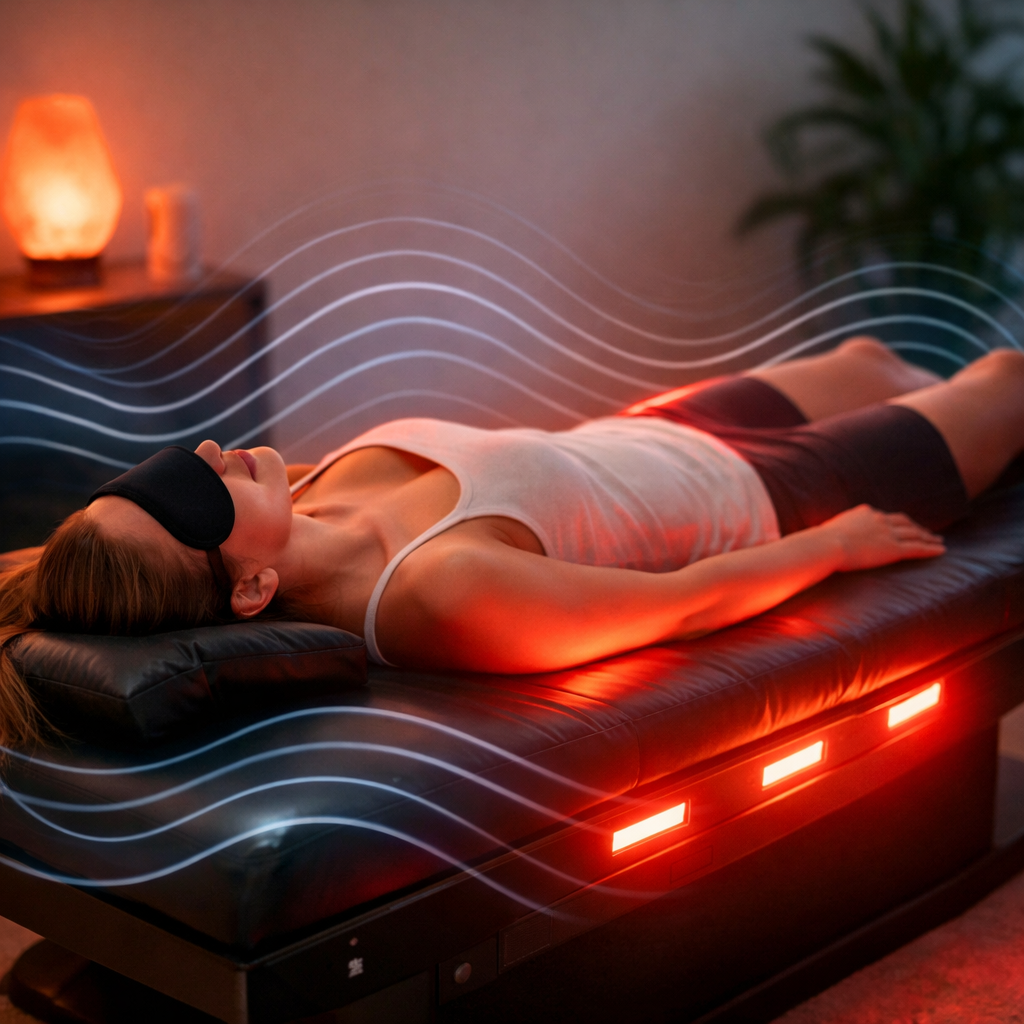 Custom vibroacoustic healing bed with 19 resonant plates